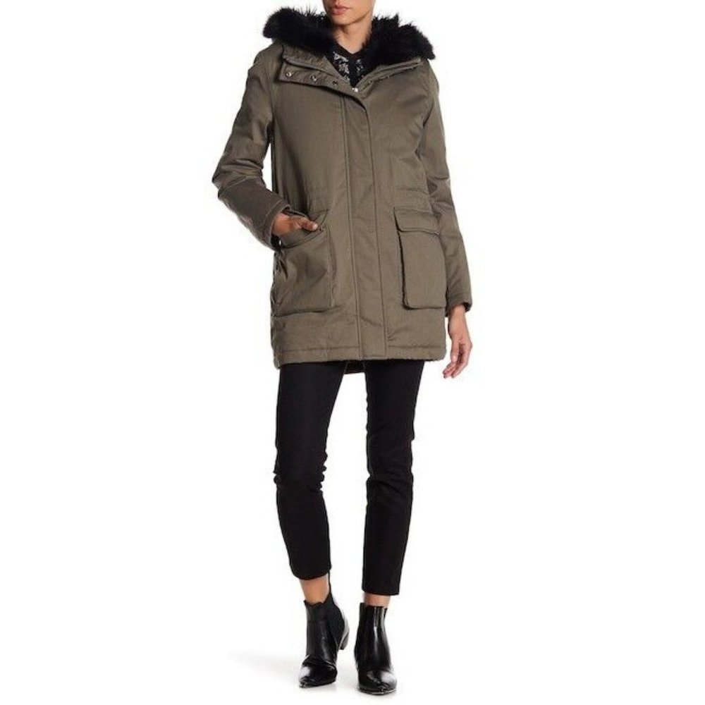 The Kooples Genuine Black Fox Fur Lined Khaki Cotton Hooded Parka Coat Size 2
